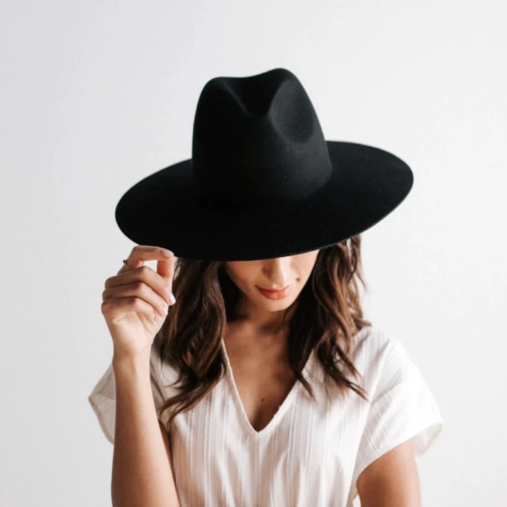 NWT GIGI PIP Scottie Wide Brim Fedora Hat Black Australian Wool Felt S/M